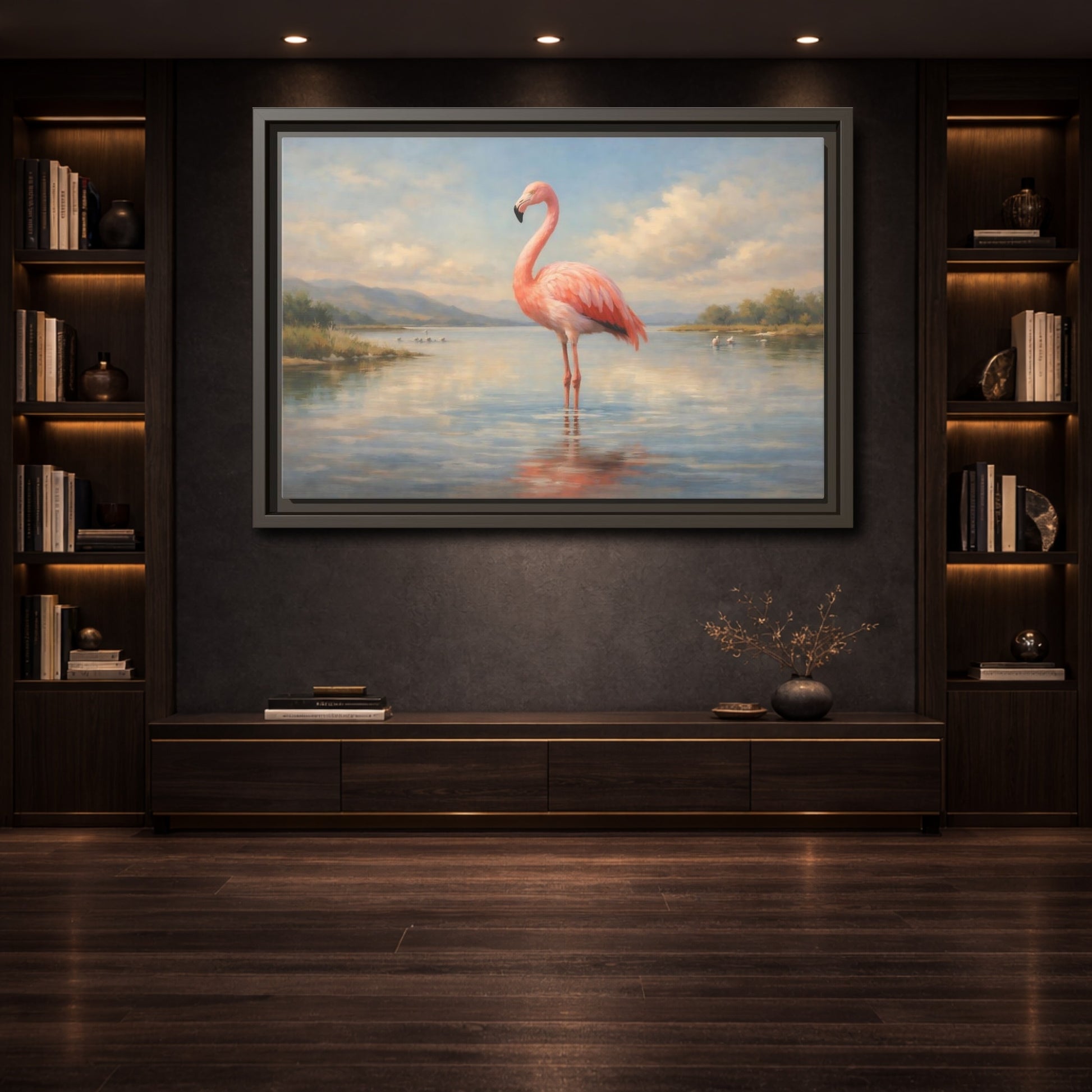 Mockup 3. Nature Flamingo Pink Flamingo Lake shown as stretched canvas wall art