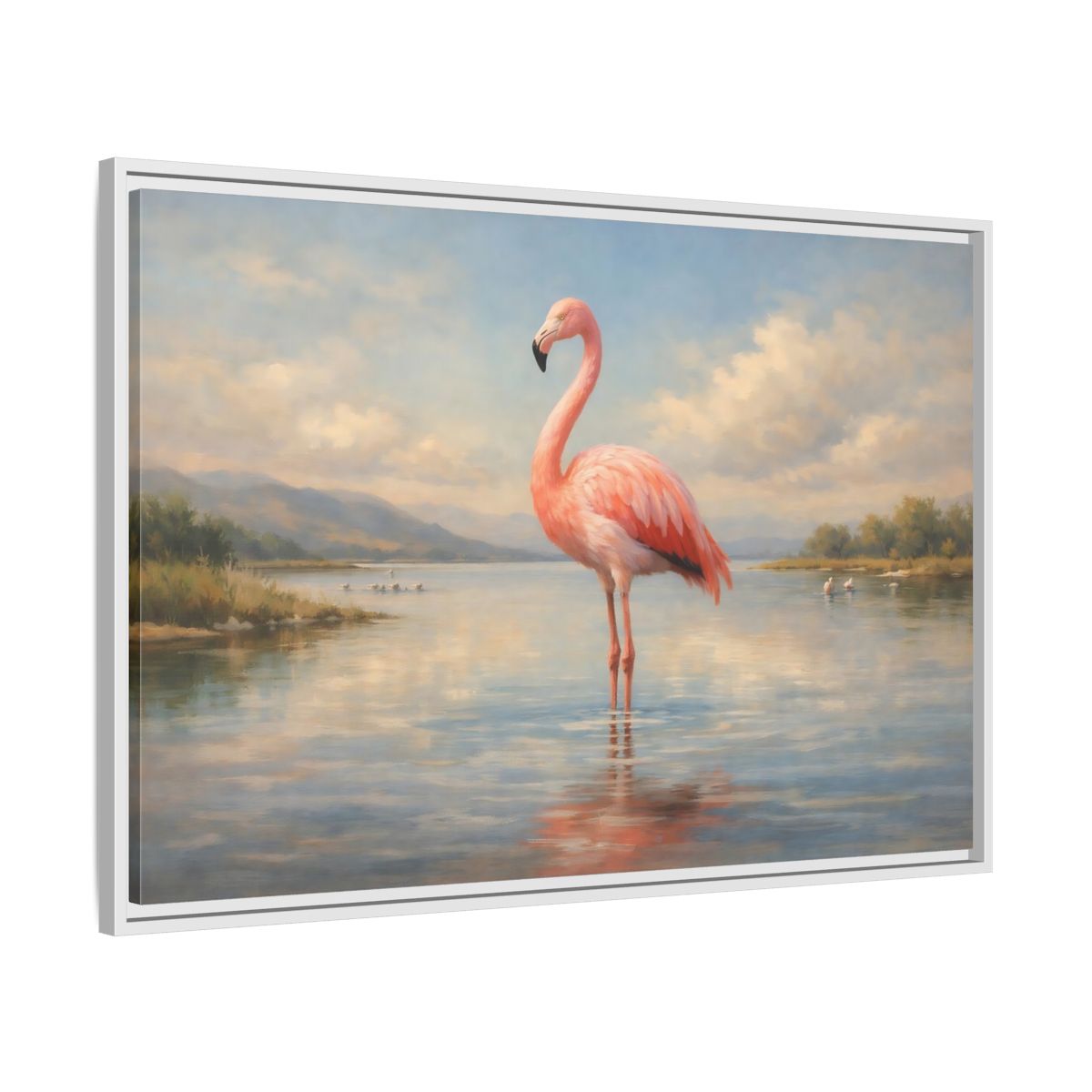 Side Mockup 8. Nature Flamingo Pink Flamingo Lake shown as stretched canvas wall art