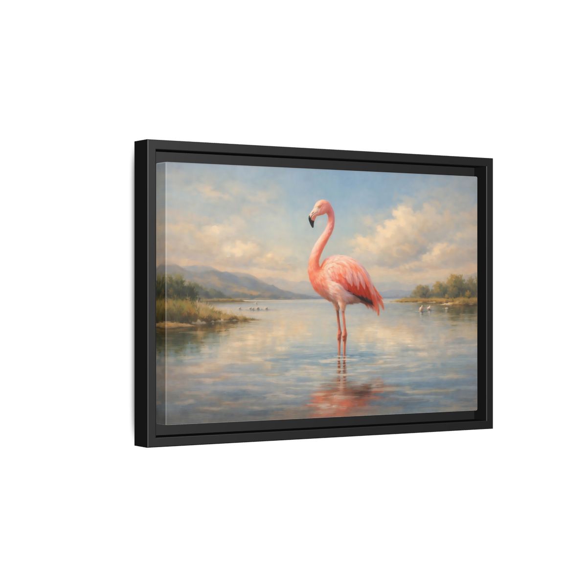 Side Mockup 6. Nature Flamingo Pink Flamingo Lake shown as stretched canvas wall art