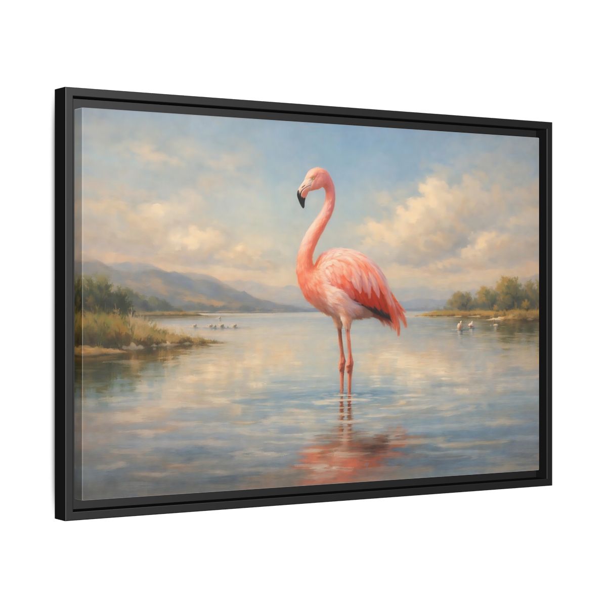 Side Mockup 14. Nature Flamingo Pink Flamingo Lake shown as stretched canvas wall art