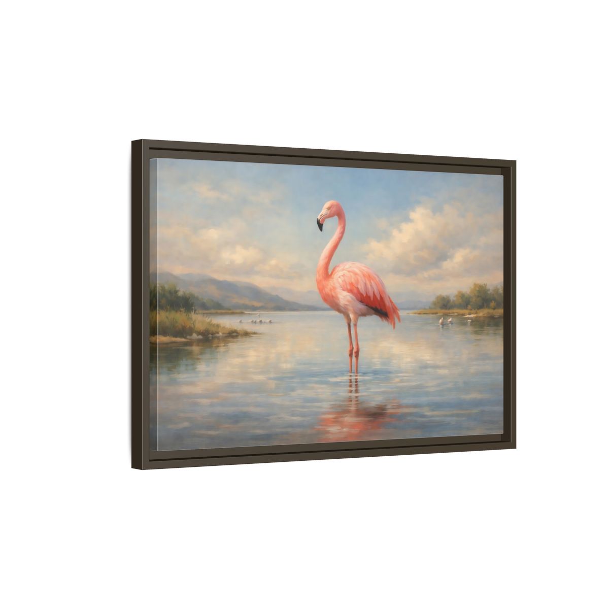 Side Mockup 2. Nature Flamingo Pink Flamingo Lake shown as stretched canvas wall art