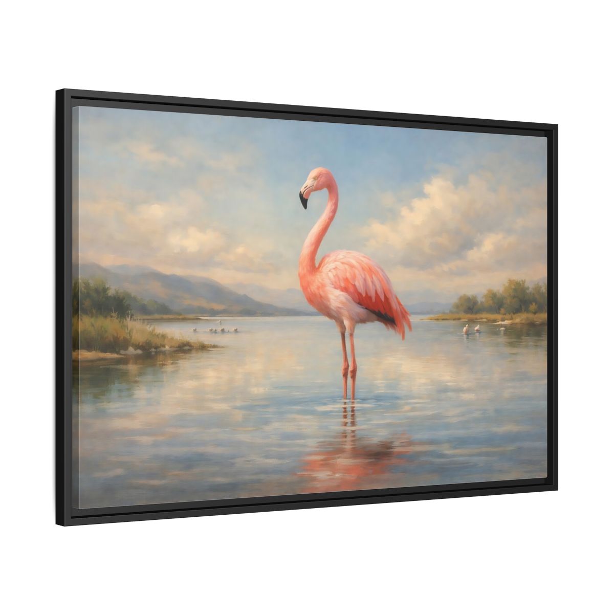 Side Mockup 13. Nature Flamingo Pink Flamingo Lake shown as stretched canvas wall art