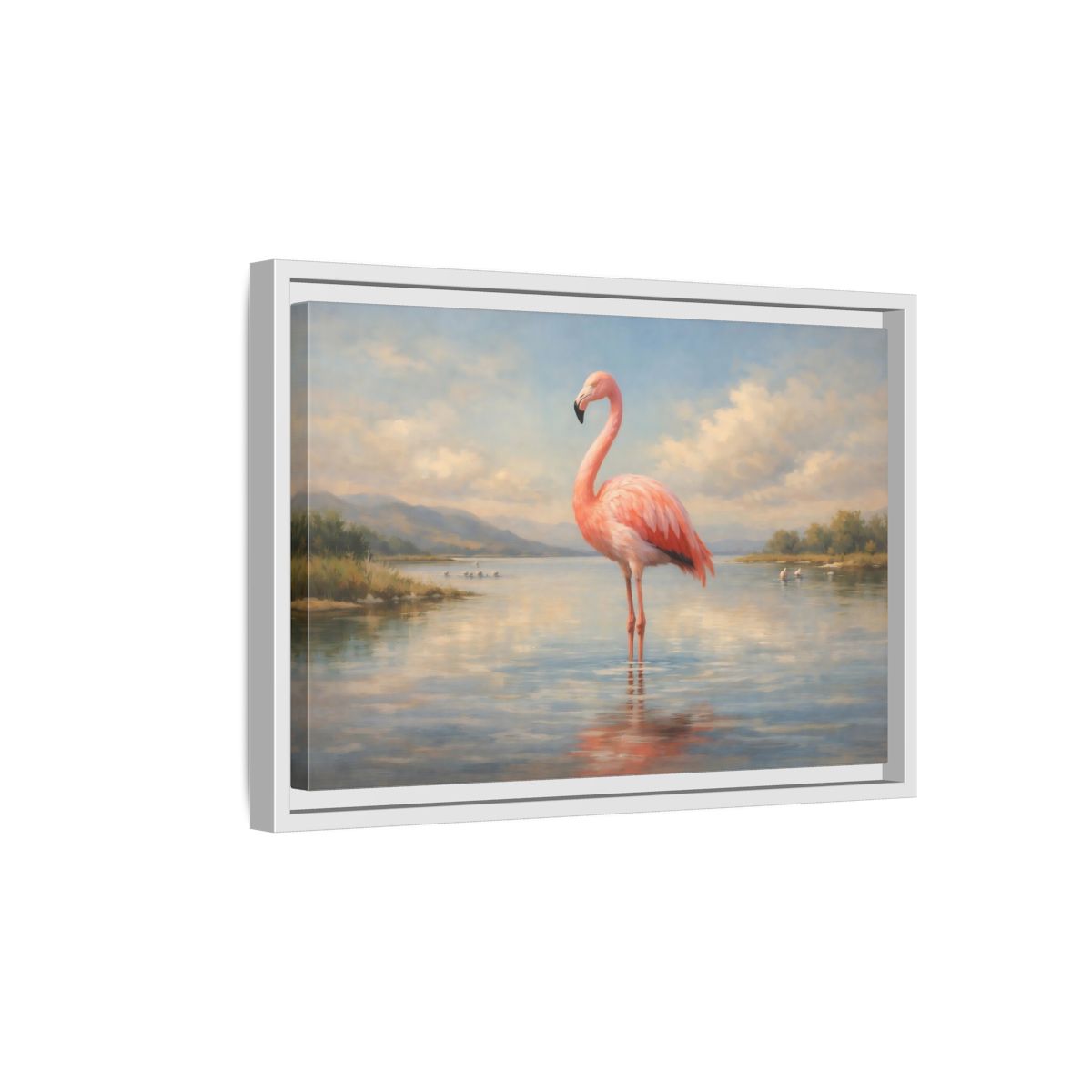 Side Mockup 4. Nature Flamingo Pink Flamingo Lake shown as stretched canvas wall art