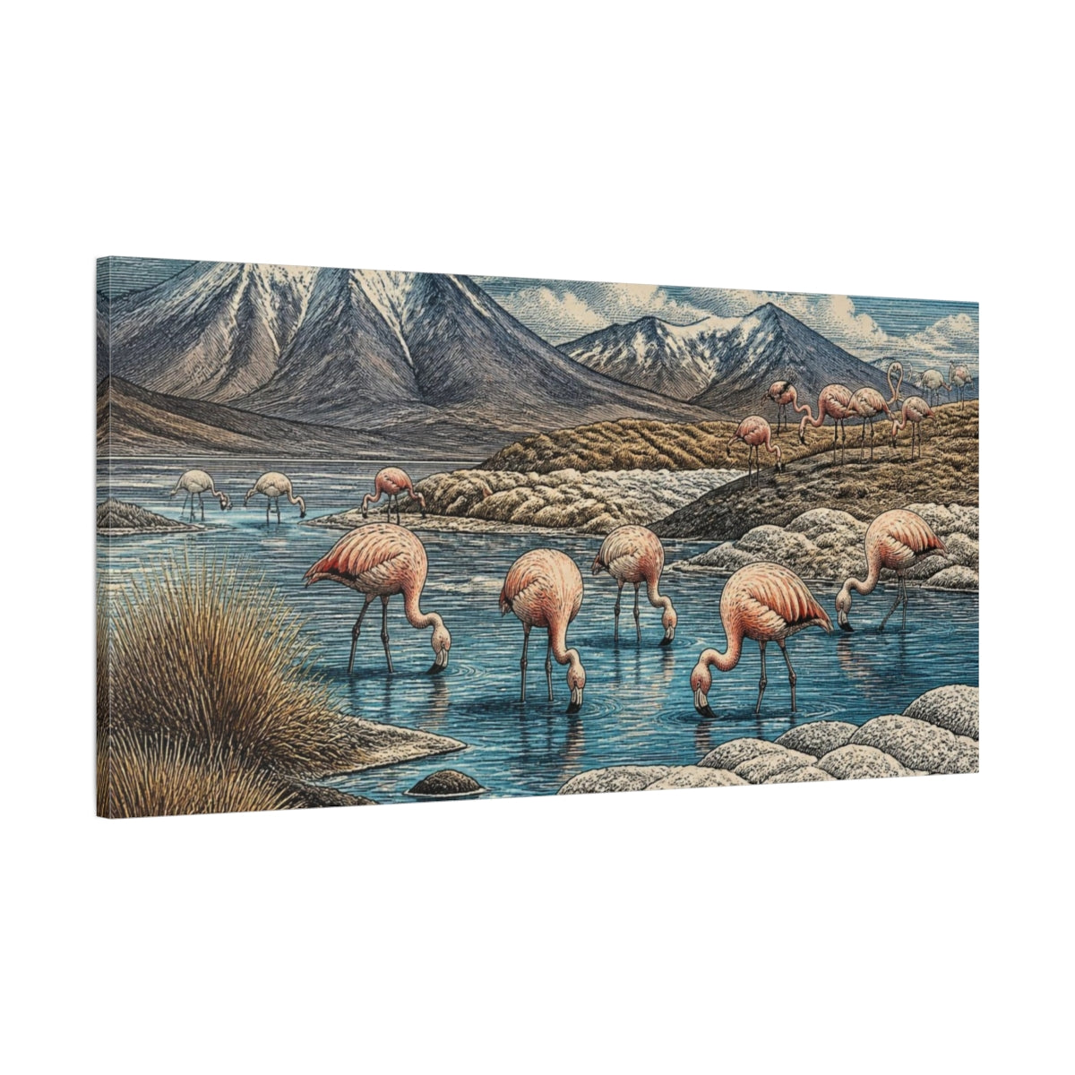 Main Mockup. Nature Flamingos Lagoon shown as canvas print