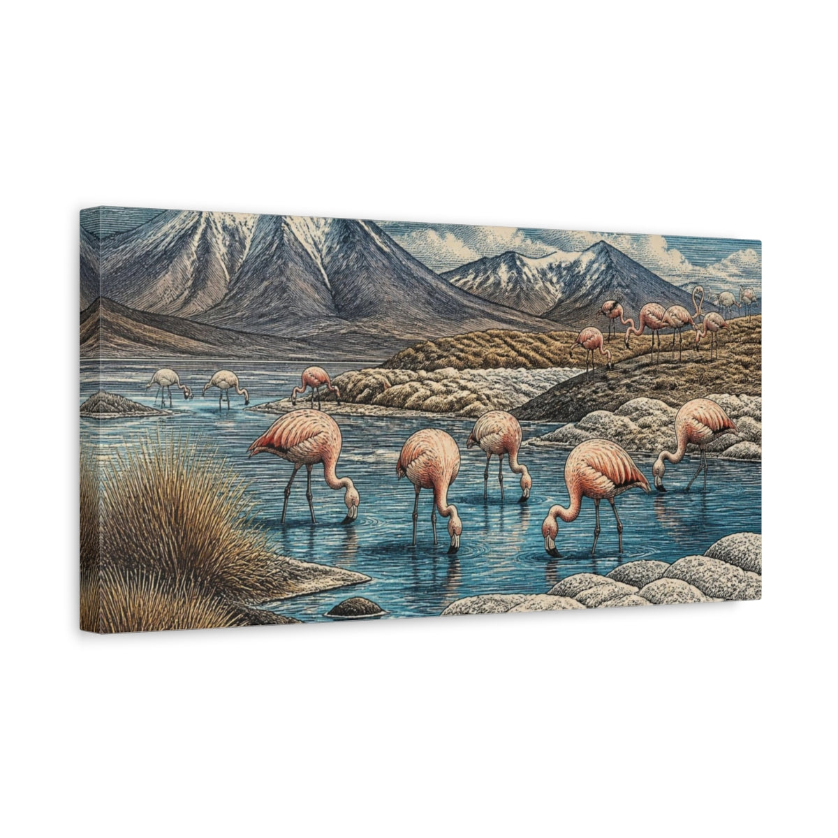 Side Mockup 3. Nature Flamingos Lagoon shown as canvas print