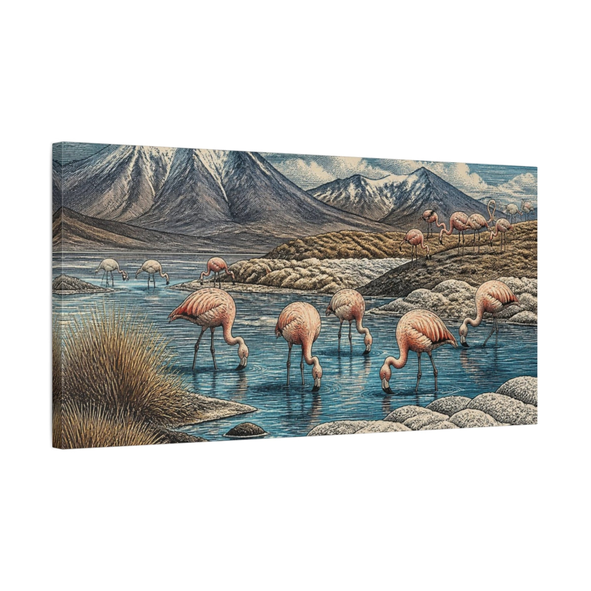 Side Mockup 1. Nature Flamingos Lagoon shown as canvas print