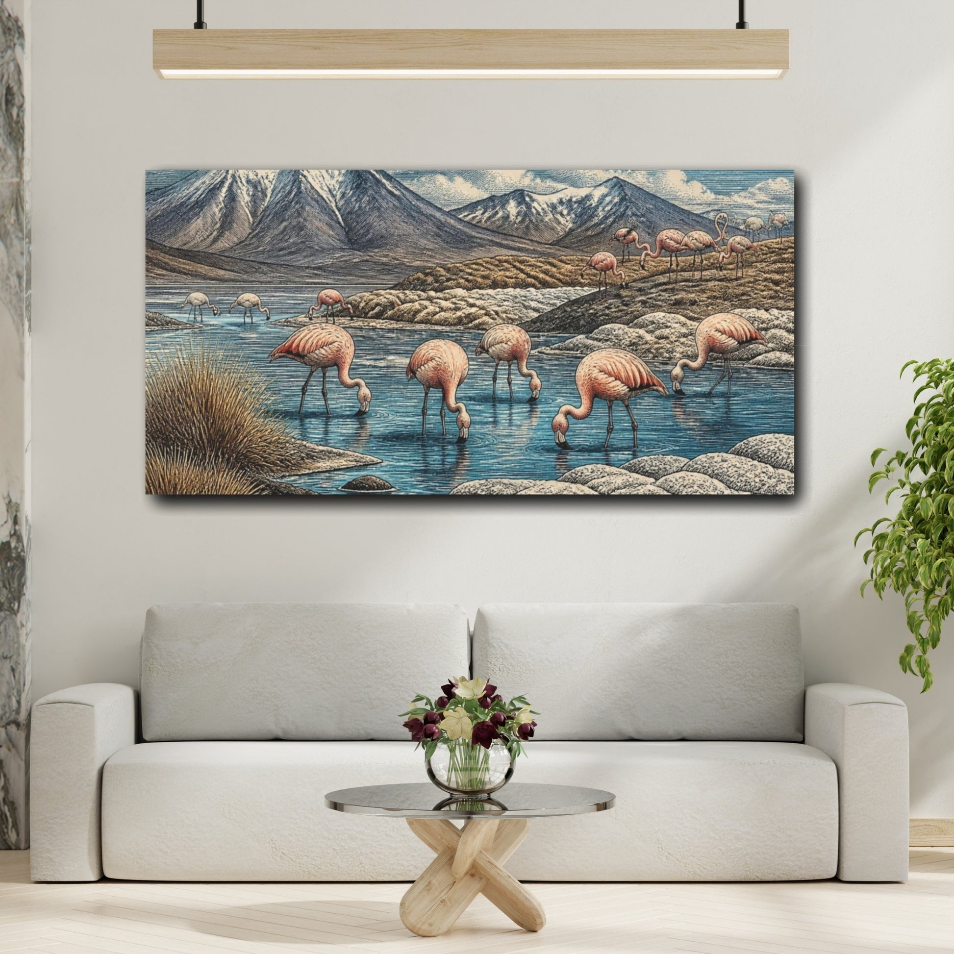 Mockup 2. Nature Flamingos Lagoon shown as canvas print