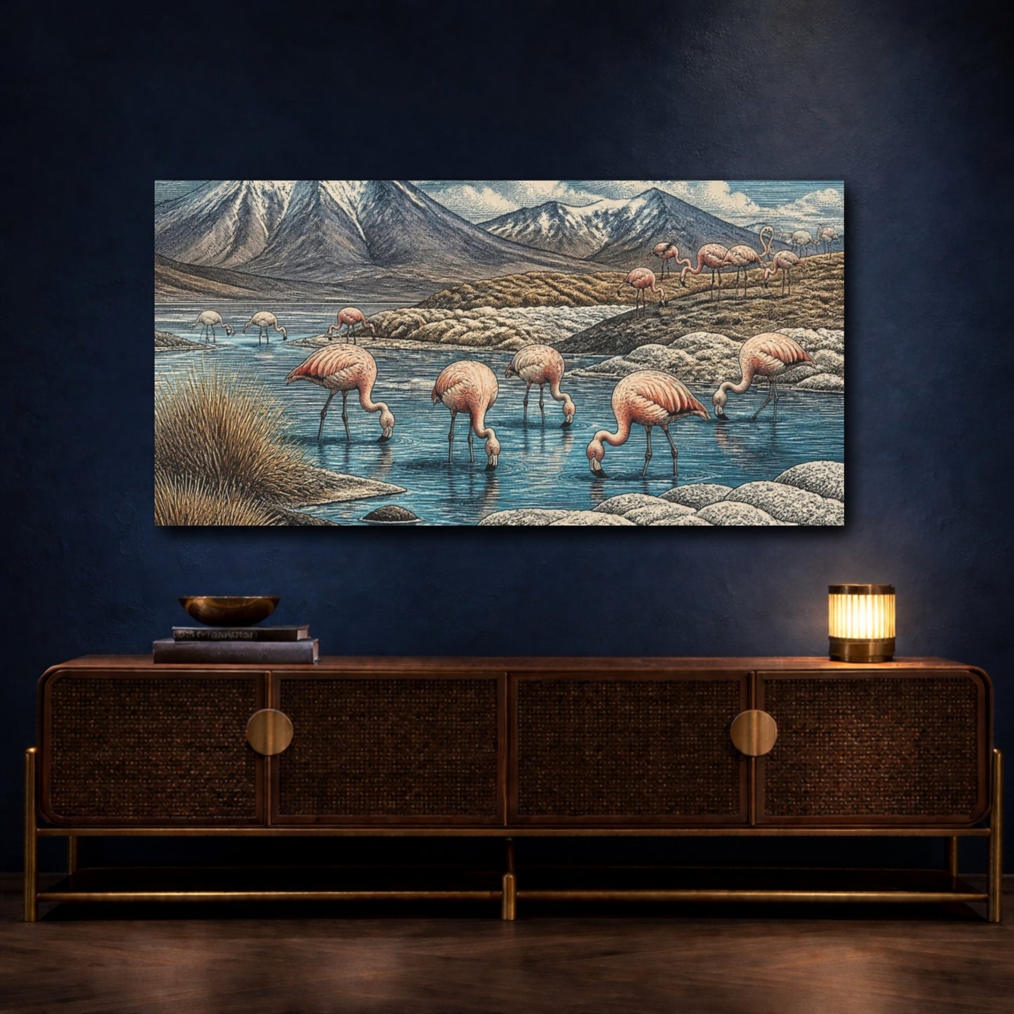 Mockup 4. Nature Flamingos Lagoon shown as canvas print