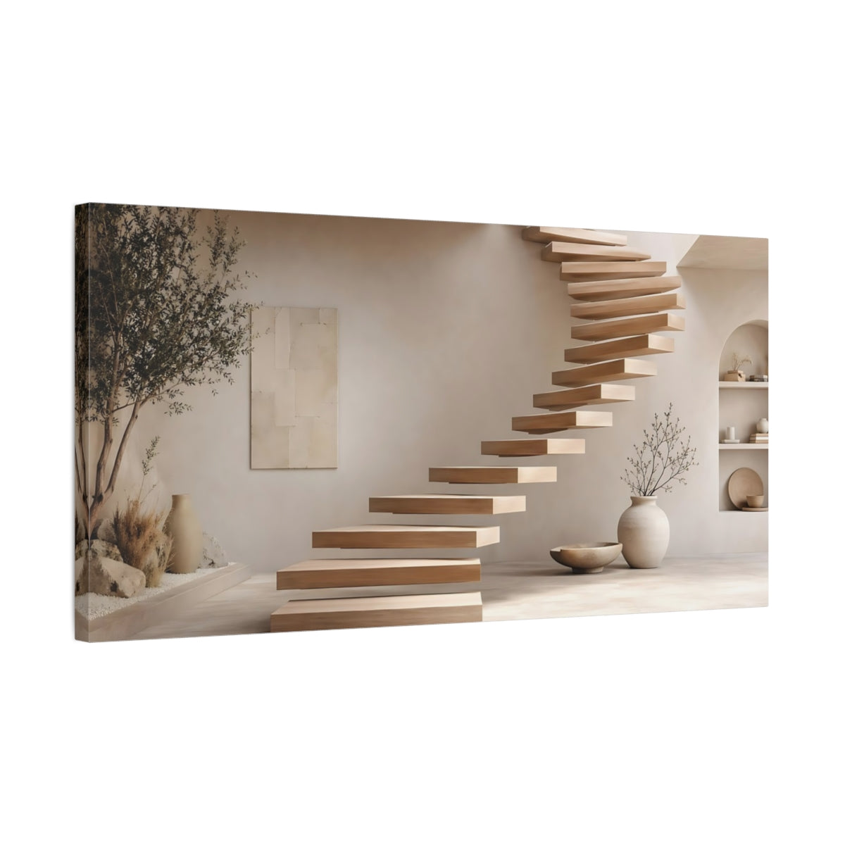 Side Mockup 1. Nature Floating Staircase Neutral Interior Design shown as stretched canvas wall art