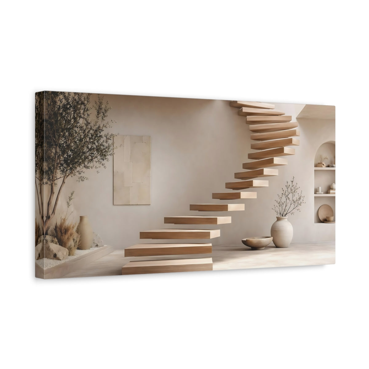 Side Mockup 3. Nature Floating Staircase Neutral Interior Design shown as stretched canvas wall art