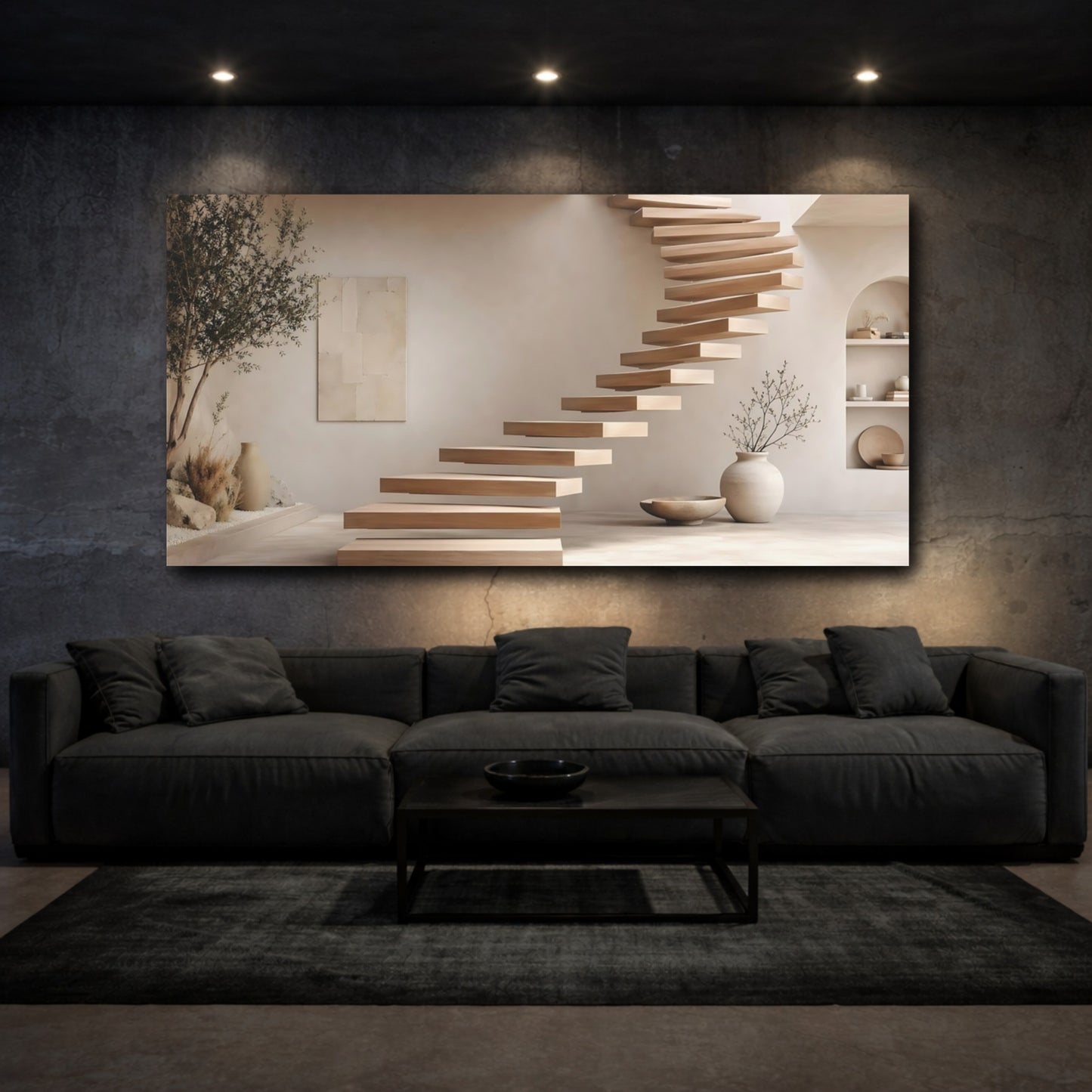 Mockup 2. Nature Floating Staircase Neutral Interior Design shown as stretched canvas wall art