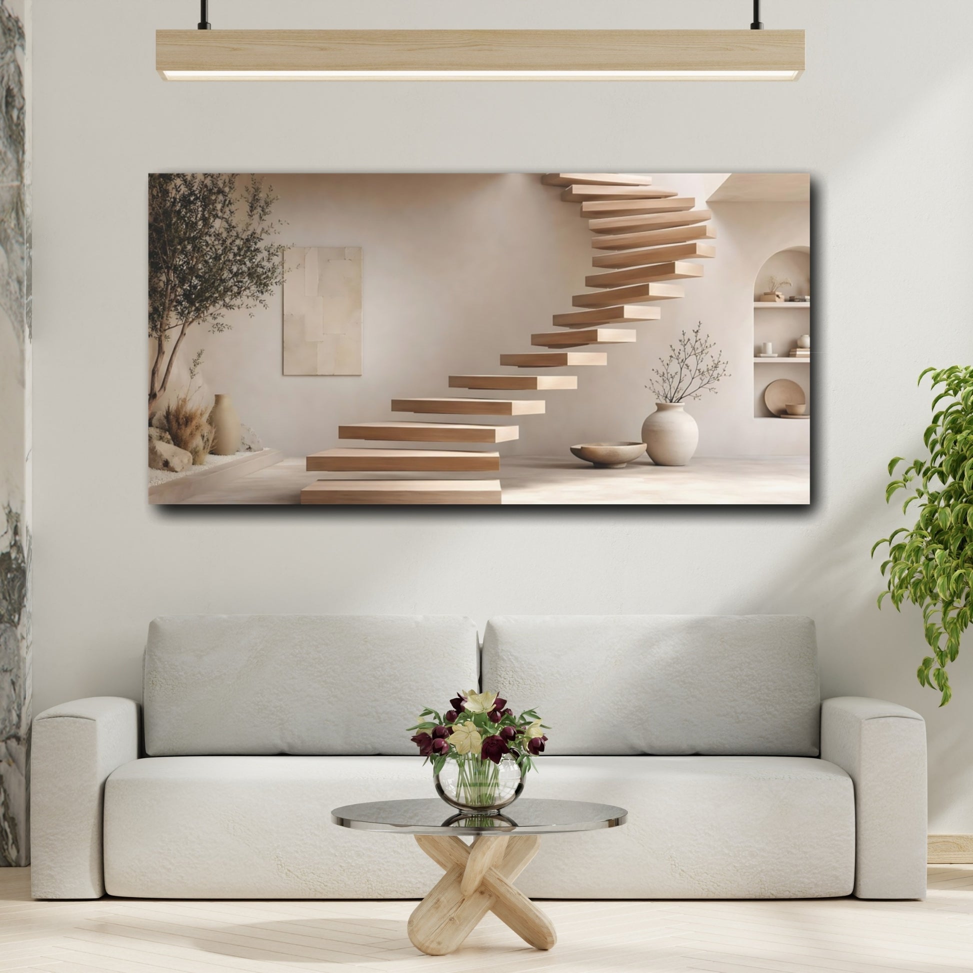 Mockup 3. Nature Floating Staircase Neutral Interior Design shown as stretched canvas wall art