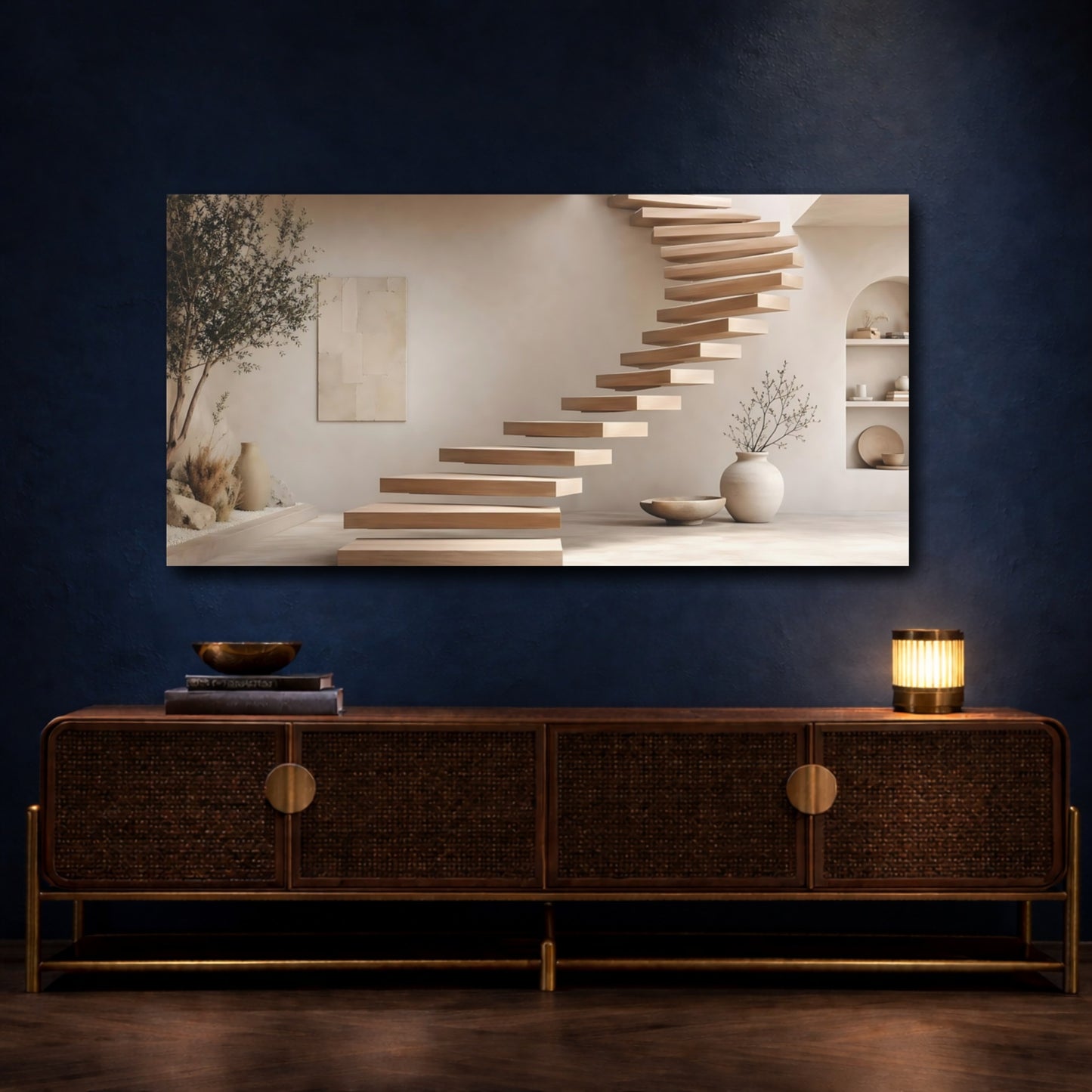 Mockup 4. Nature Floating Staircase Neutral Interior Design shown as stretched canvas wall art
