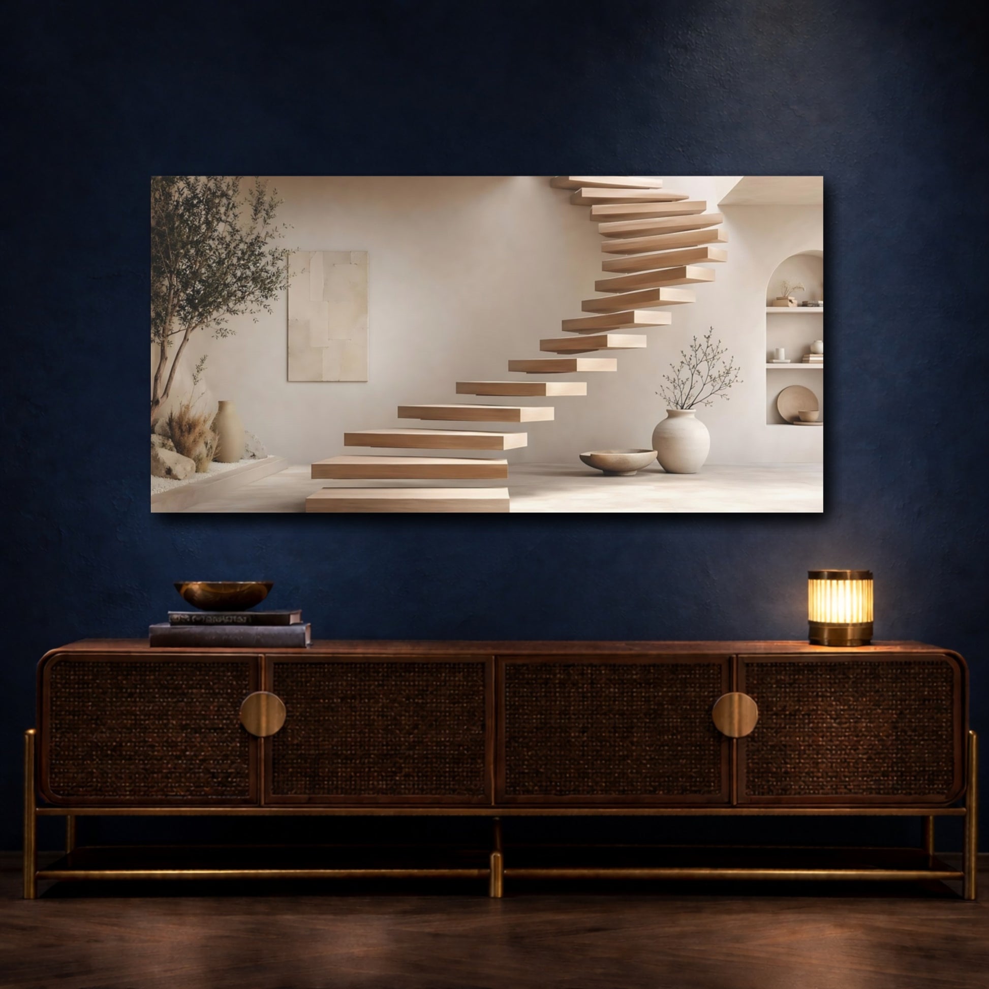 Mockup 4. Nature Floating Staircase Neutral Interior Design shown as stretched canvas wall art