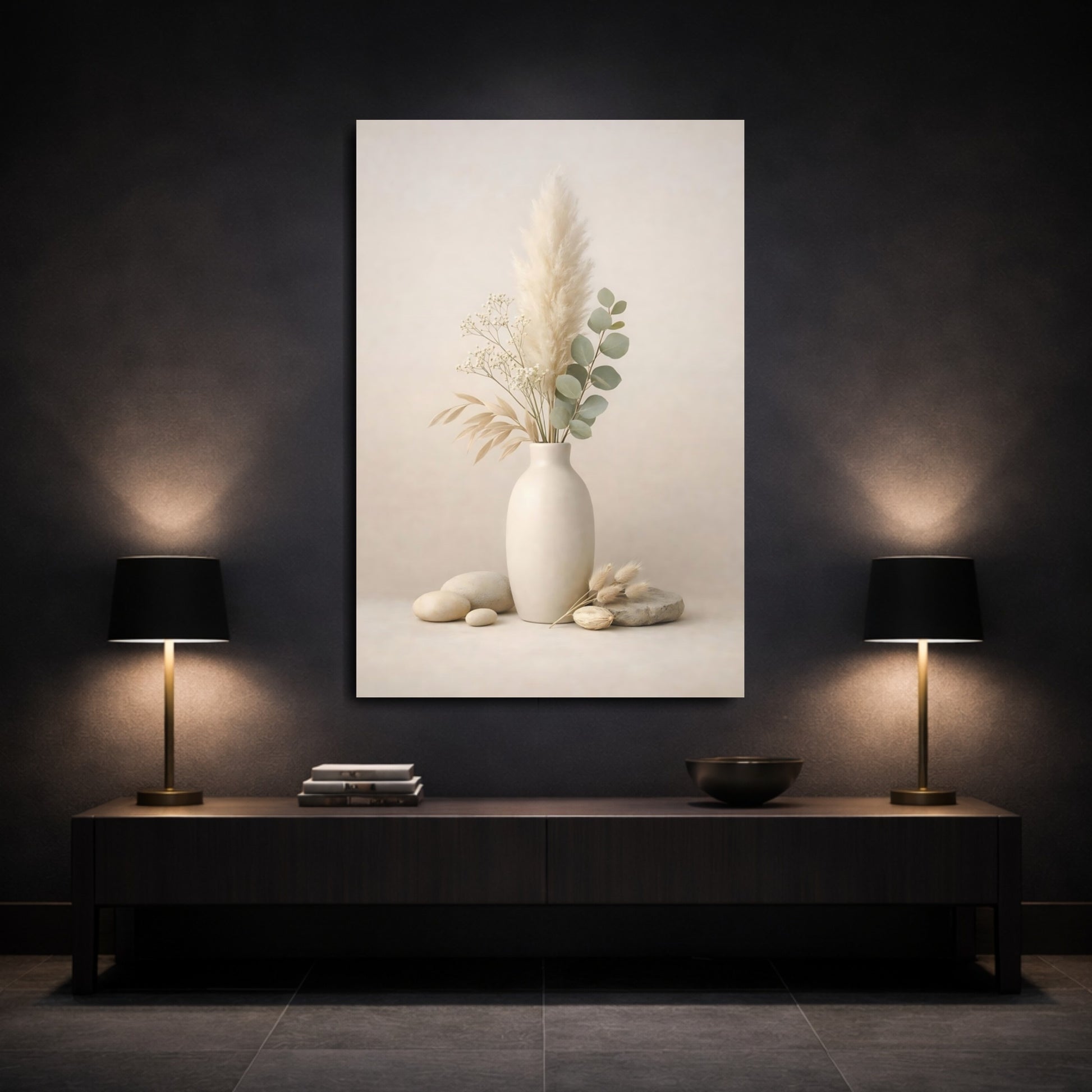 Nature Floral Arrangement Neutral Floral Decor shown as front canvas room wall art