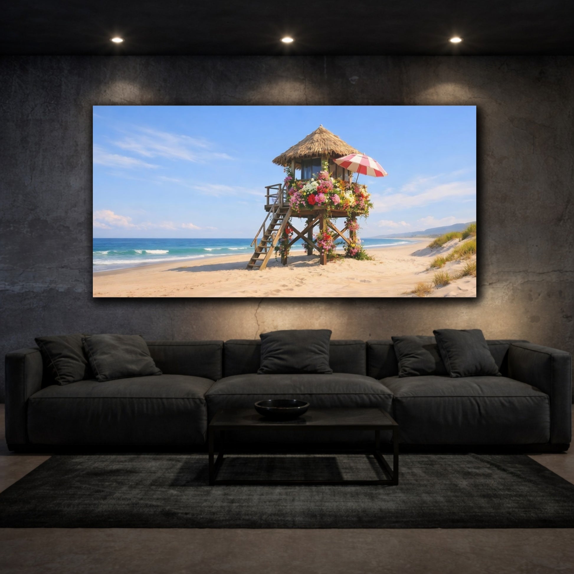 Mockup 2. Nature Floral Beach Hut Coastal Floral Hut shown as stretched canvas wall art