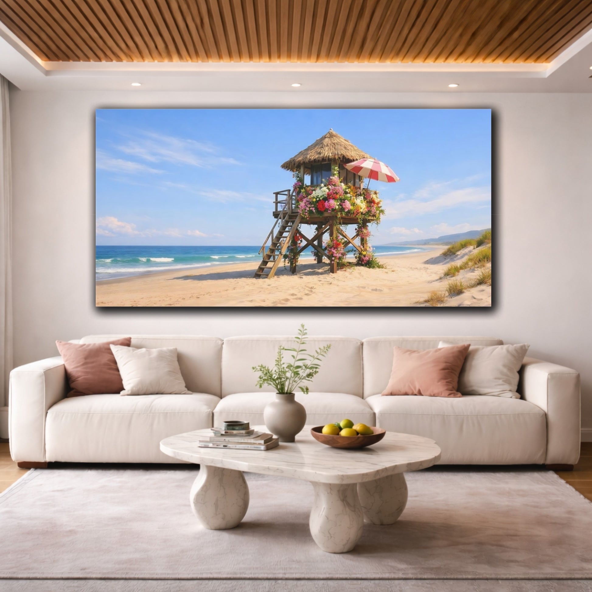 Mockup 3. Nature Floral Beach Hut Coastal Floral Hut shown as stretched canvas wall art