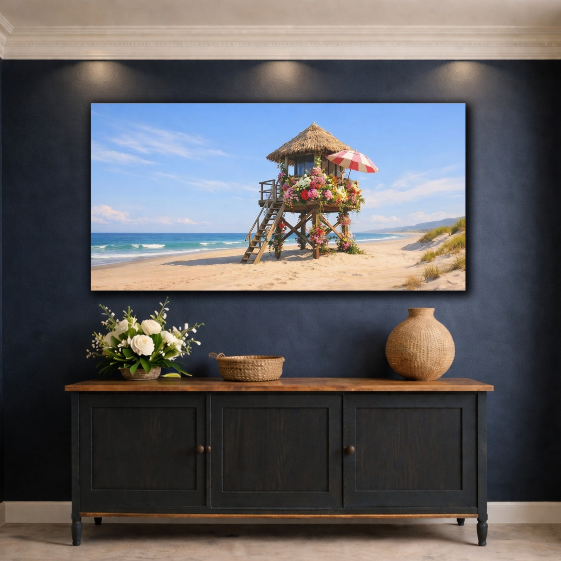 Mockup 4. Nature Floral Beach Hut Coastal Floral Hut shown as stretched canvas wall art