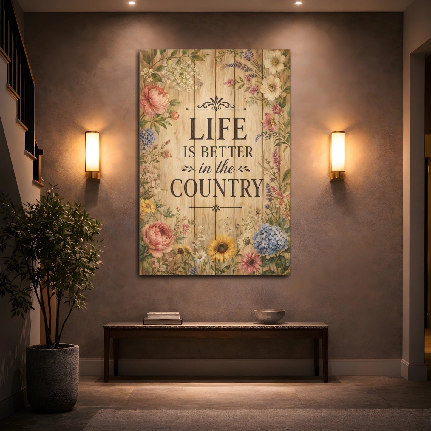 Nature Floral Border Rustic Quote Canvas Wall Art Print – Living Room, Above Sofa - YesArtYes