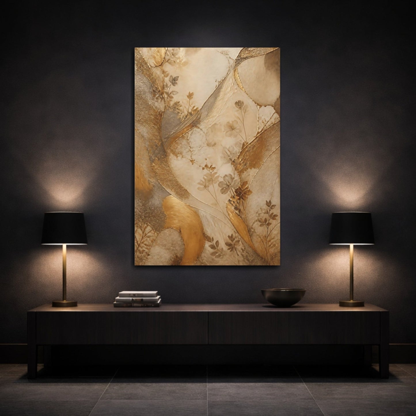 Nature Floral Branches Gold And Brown Canvas Print – Abstract Living Room, Above Sofa - YesArtYes