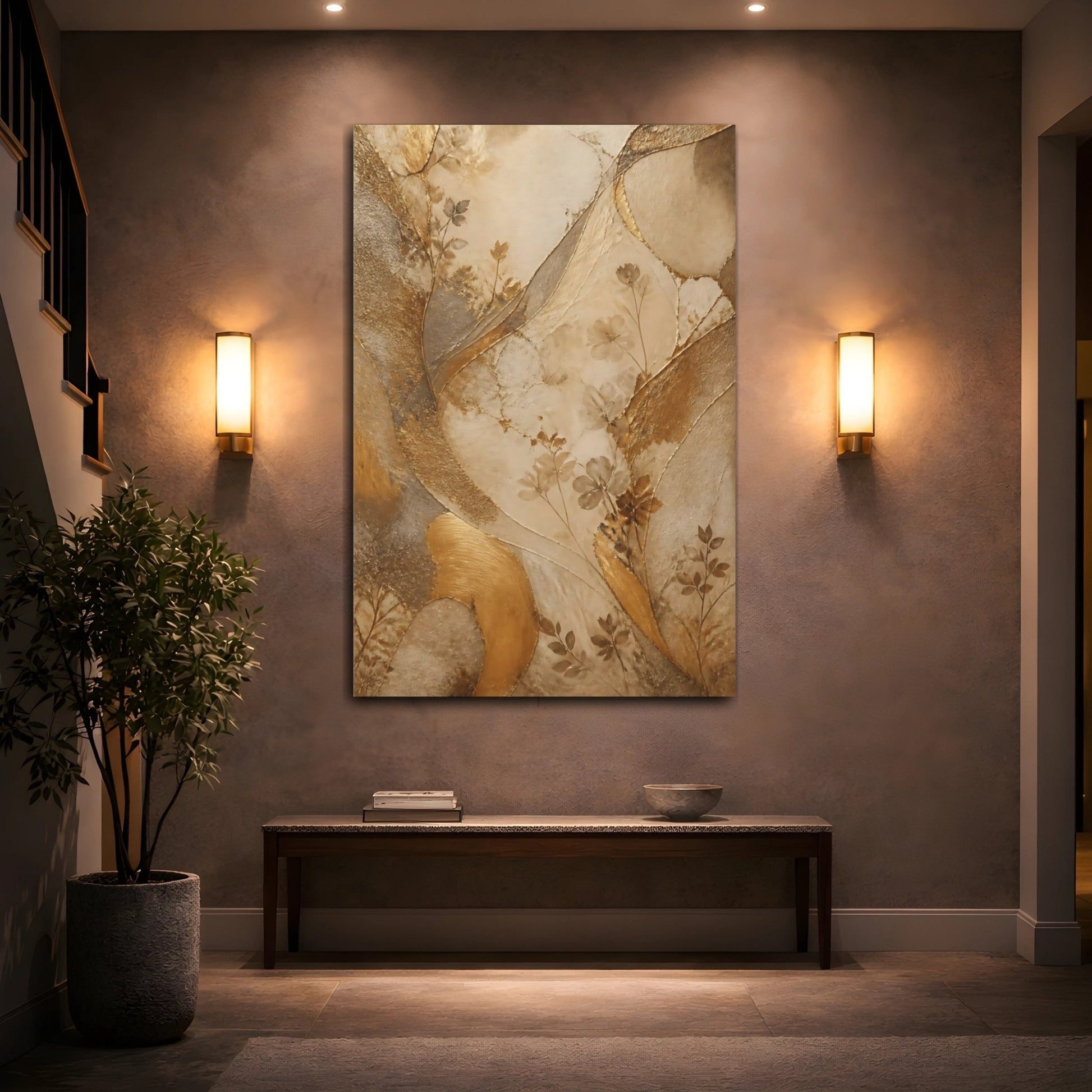 Nature Floral Branches Gold And Brown Canvas Print – Abstract Living Room, Above Sofa - YesArtYes