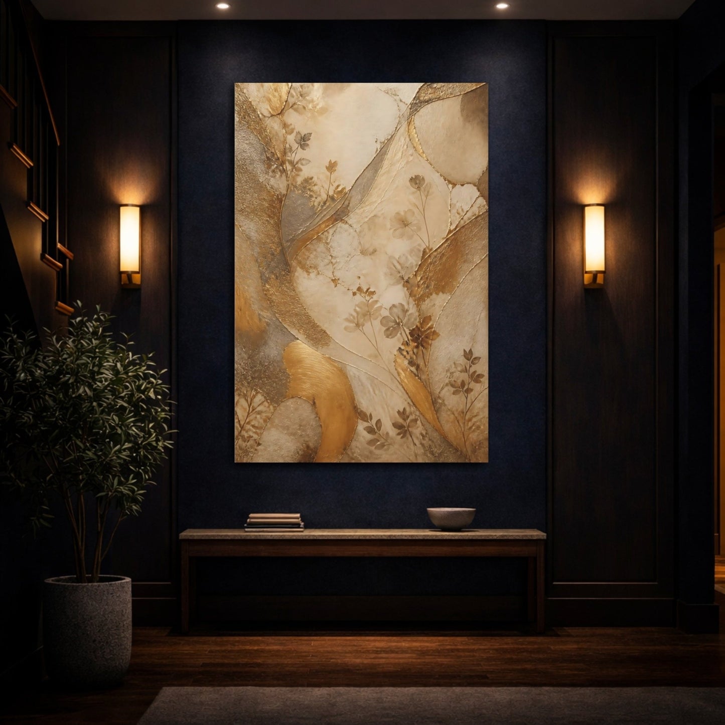 Nature Floral Branches Gold And Brown Canvas Print – Abstract Living Room, Above Sofa - YesArtYes