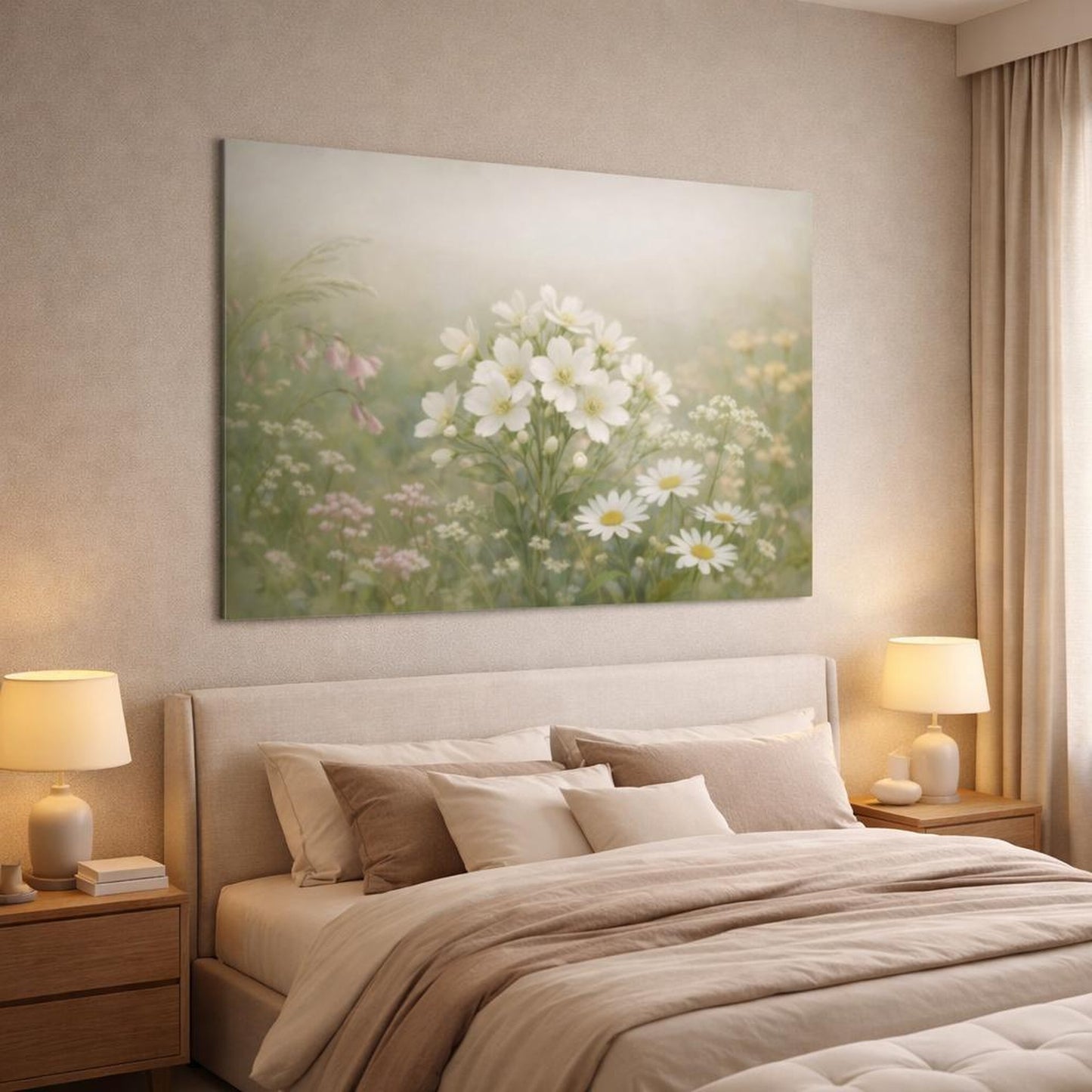 Nature Floral Close-Up shown as canvas wall art in a luxury bedroom