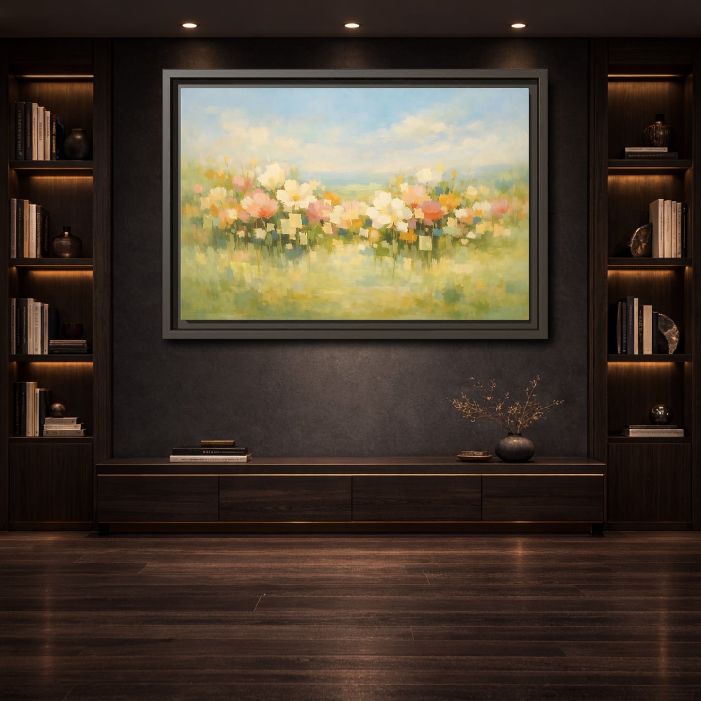 Mockup 3. Nature Floral Field Pastel Floral Field shown as stretched canvas wall art