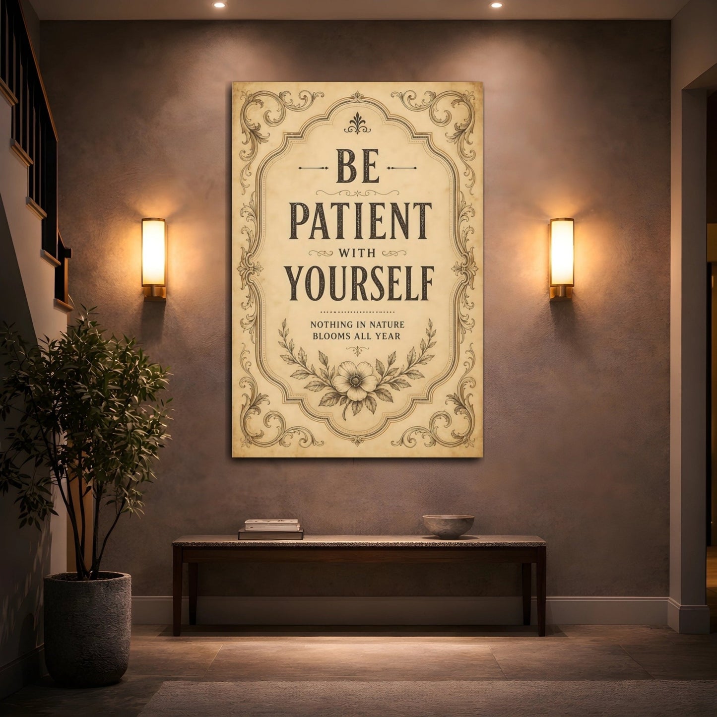 Nature Floral Illustration Brown Beige Quote Canvas Wall Art Print – Vintage Living Room, Above Sofa - YesArtYes