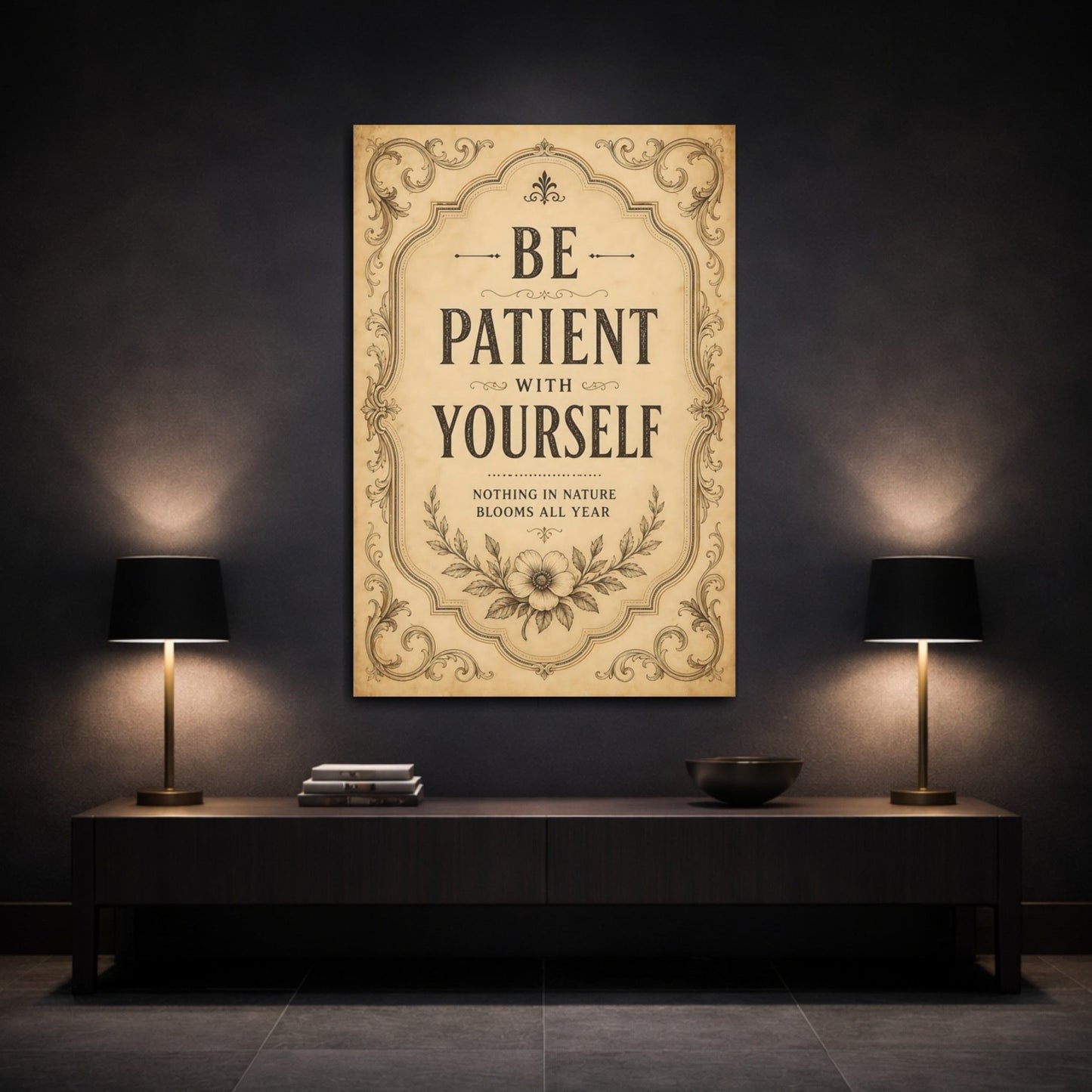 Nature Floral Illustration Brown Beige Quote Canvas Wall Art Print – Vintage Living Room, Above Sofa - YesArtYes