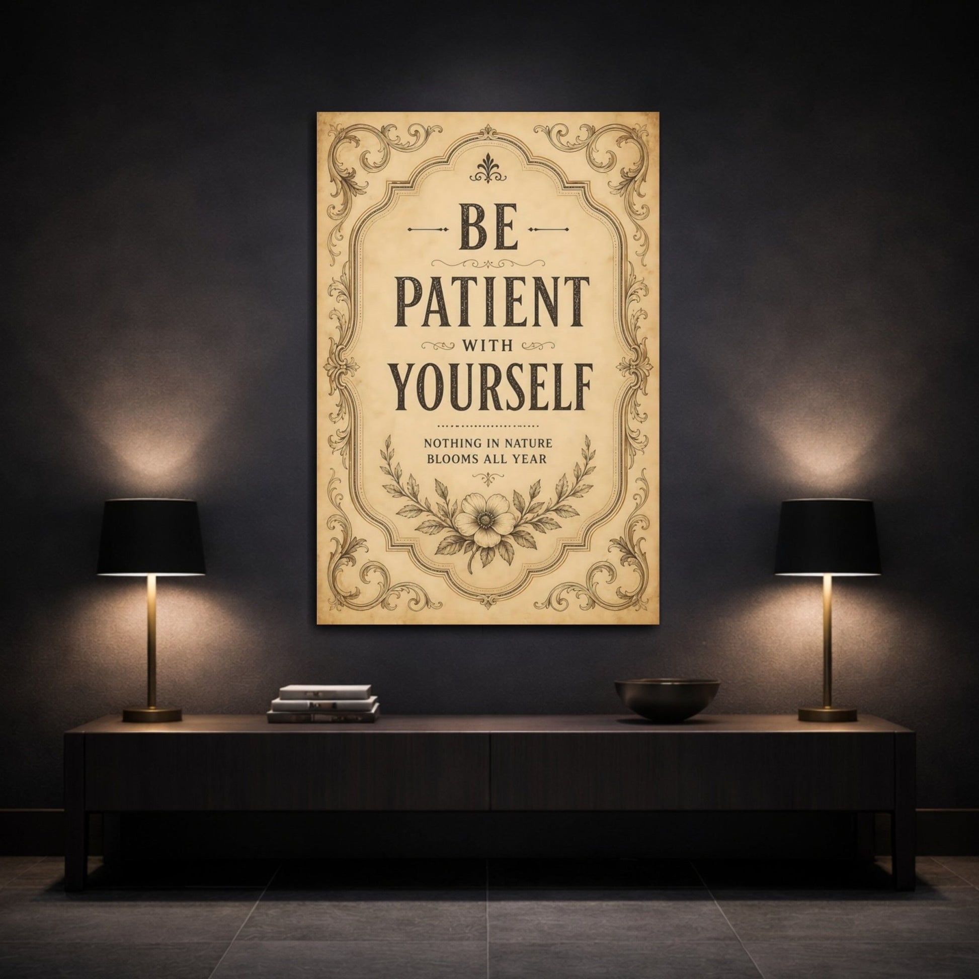 Nature Floral Illustration Brown Beige Quote Canvas Wall Art Print – Vintage Living Room, Above Sofa - YesArtYes