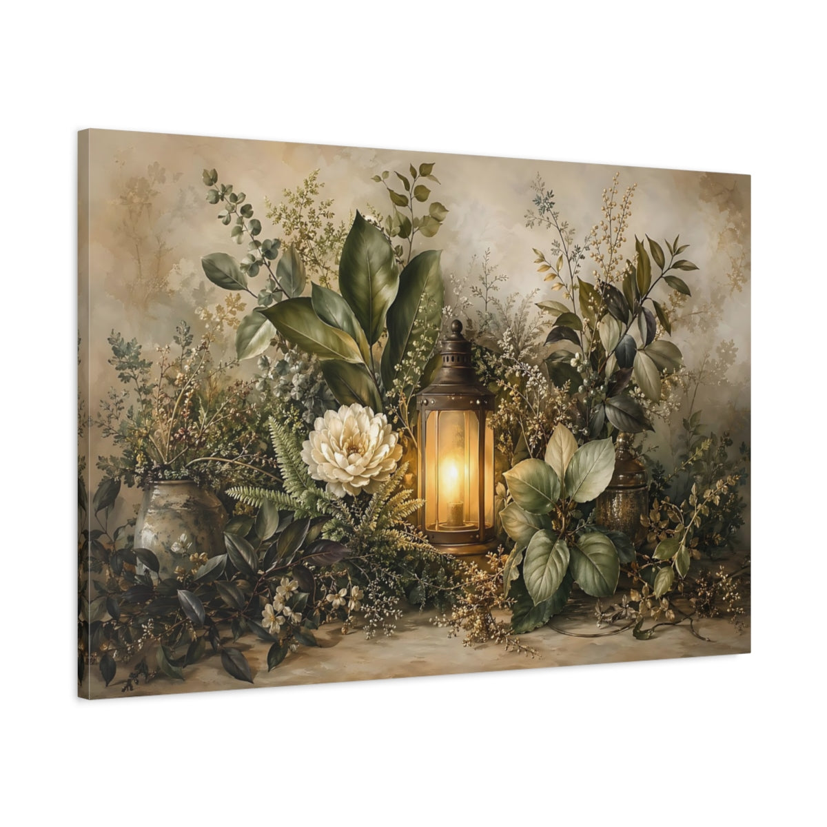 Main Mockup. Nature Floral Lantern Earthy Floral shown as stretched canvas wall art