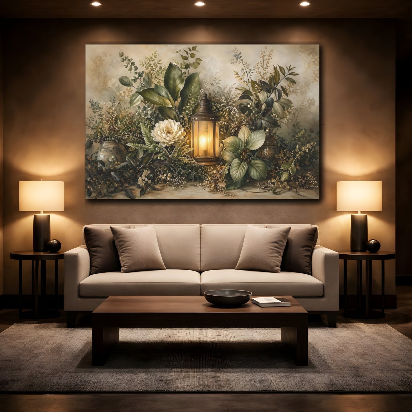 Mockup 2. Nature Floral Lantern Earthy Floral shown as stretched canvas wall art