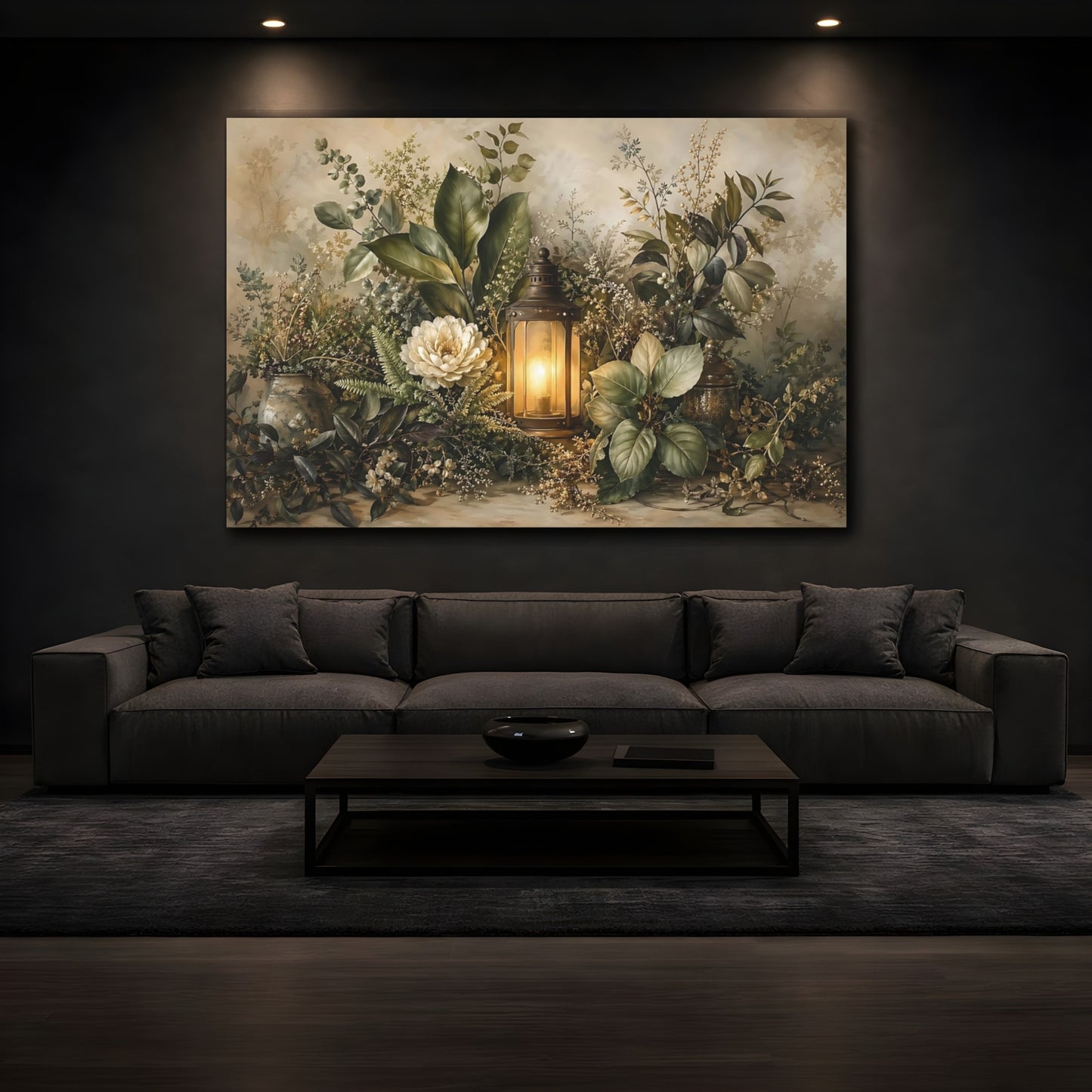 Mockup 3. Nature Floral Lantern Earthy Floral shown as stretched canvas wall art