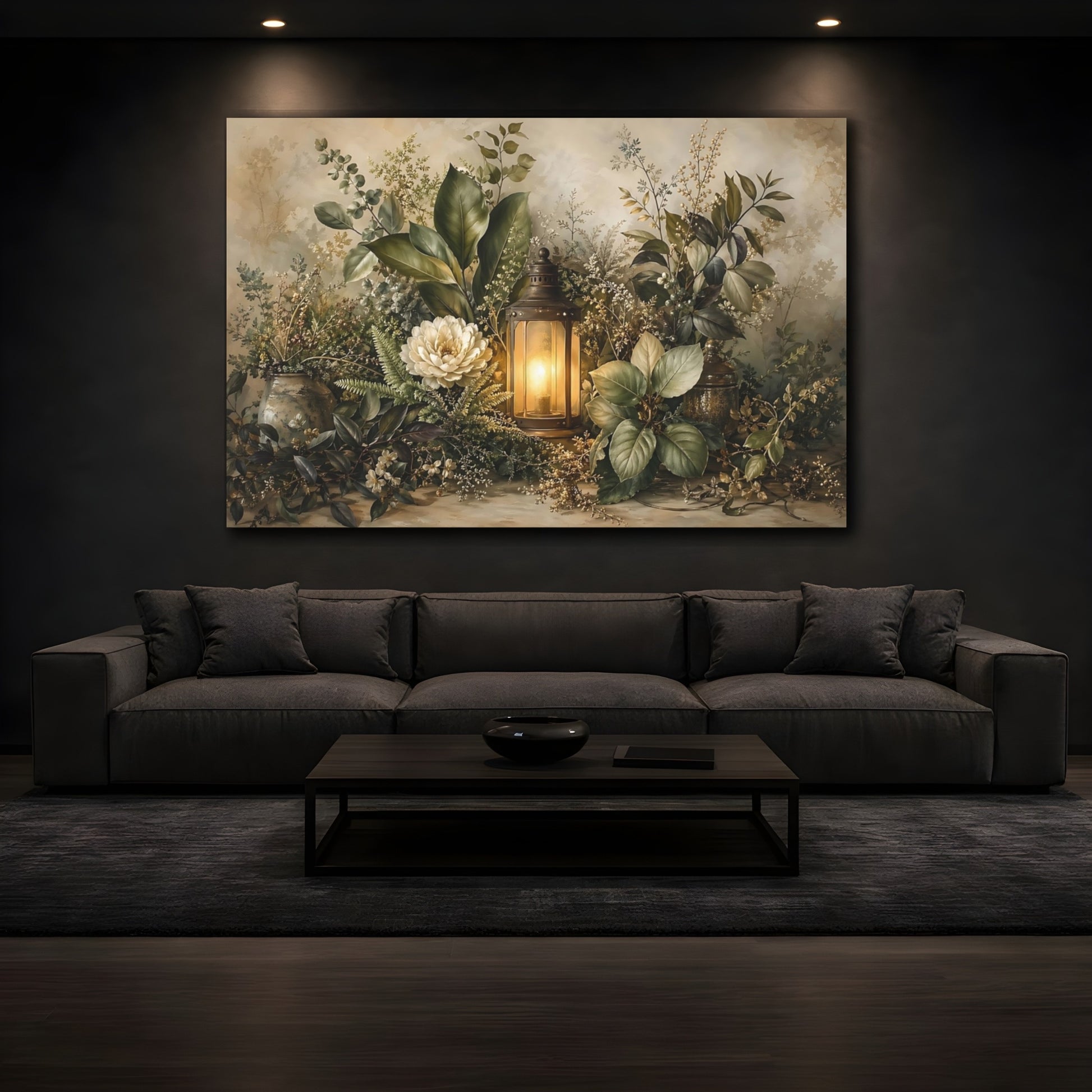 Mockup 3. Nature Floral Lantern Earthy Floral shown as stretched canvas wall art