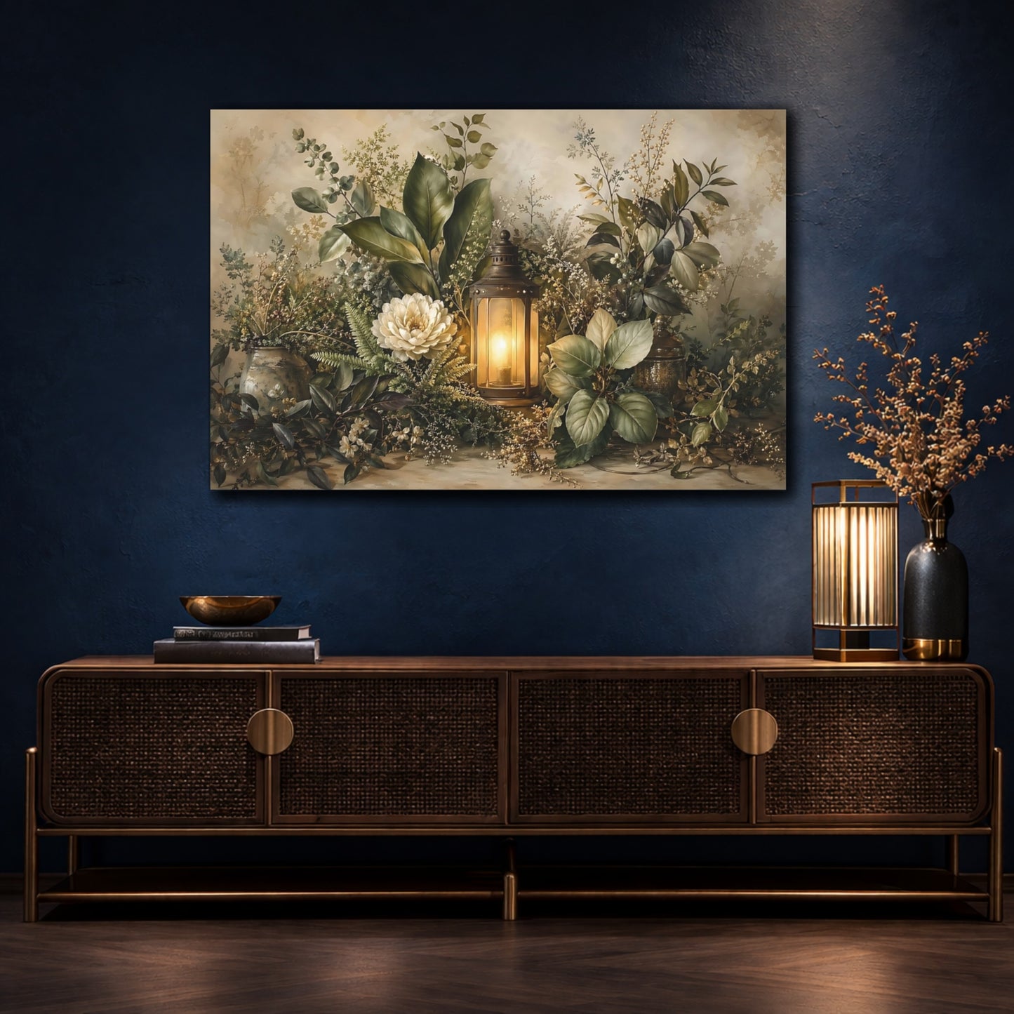 Mockup 4. Nature Floral Lantern Earthy Floral shown as stretched canvas wall art