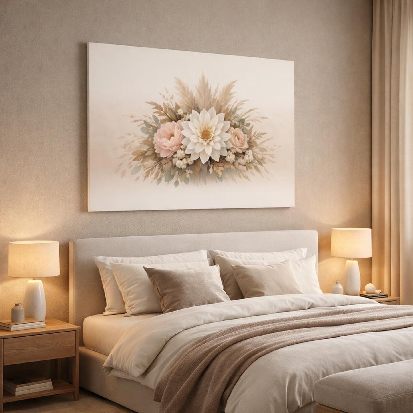 Nature Floral Neutral shown as canvas wall art in a luxury bedroom