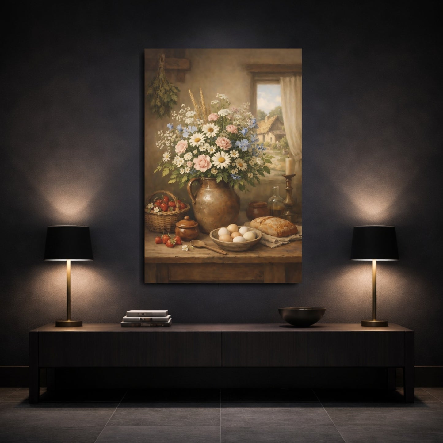 Mockup 2. Nature Floral Still Life Rustic Floral shown as stretched canvas wall art