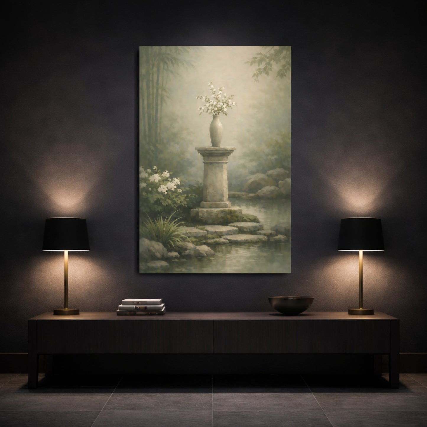 Nature Floral Vase Muted Green Garden shown as front canvas room wall art