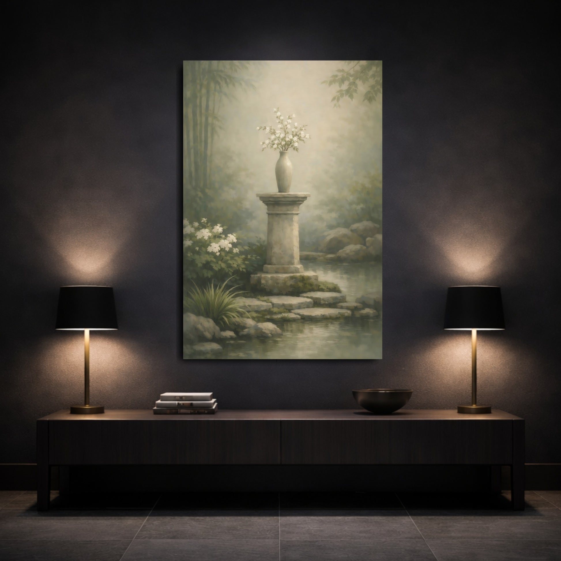 Nature Floral Vase Muted Green Garden shown as front canvas room wall art