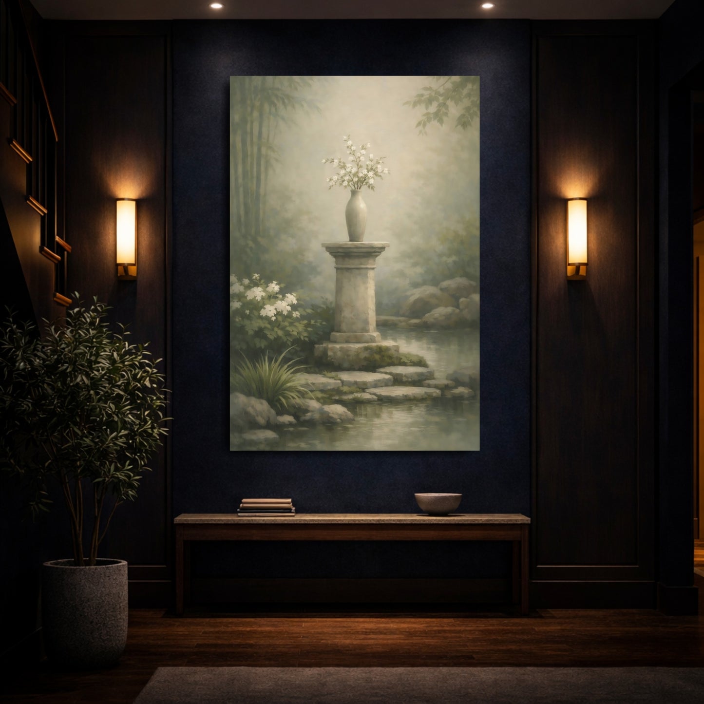 Nature Floral Vase Muted Green Garden shown as front canvas room wall art