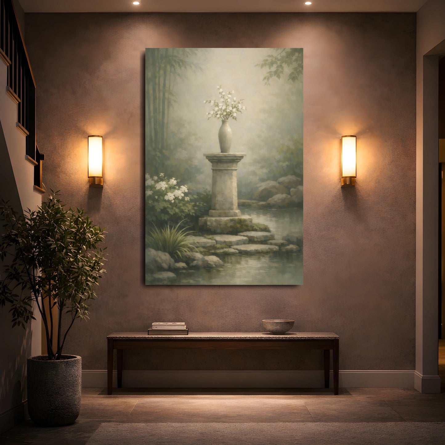 Nature Floral Vase Muted Green Garden shown as front canvas room wall art