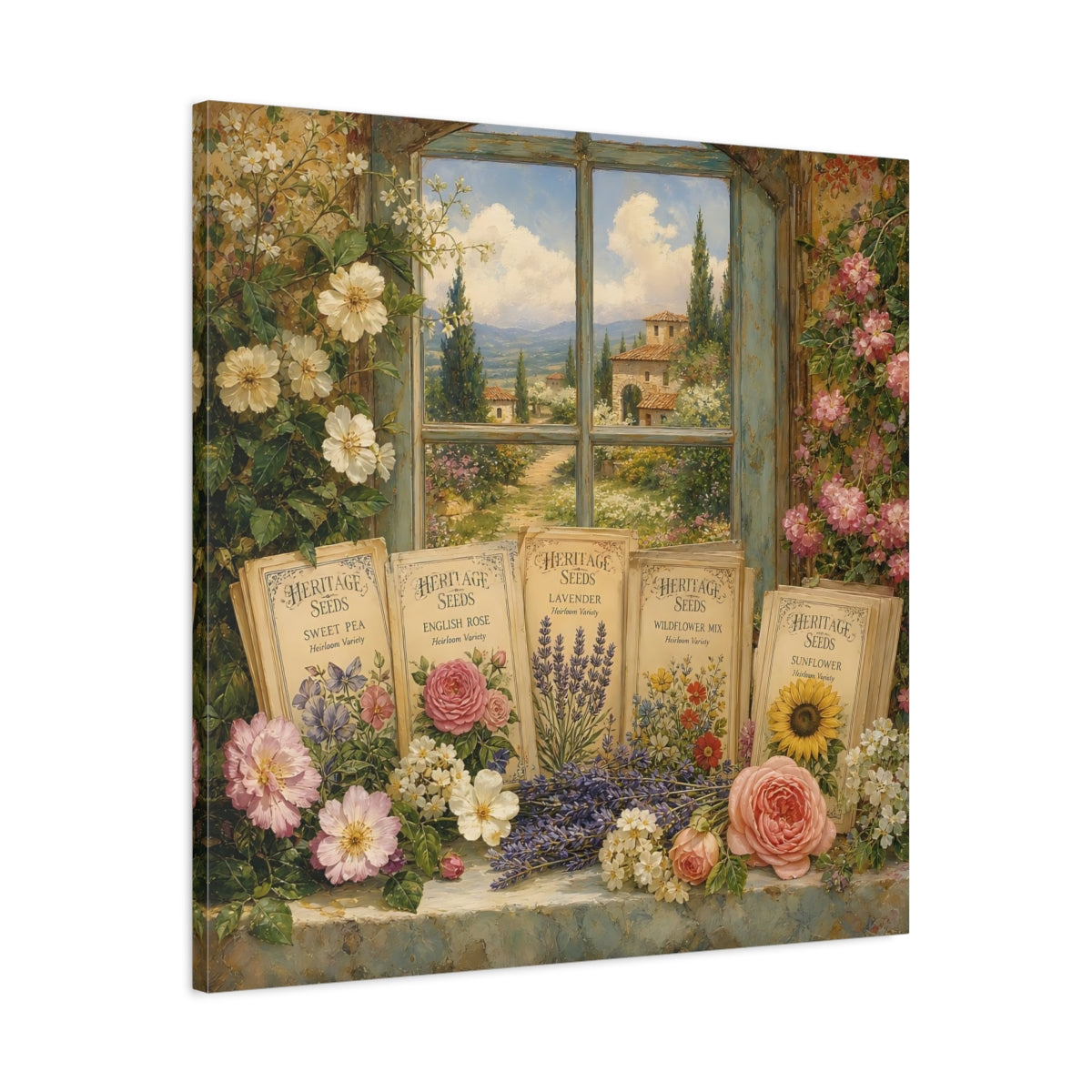 Side Mockup 3. Nature Floral Window Vintage Floral shown as stretched canvas wall art