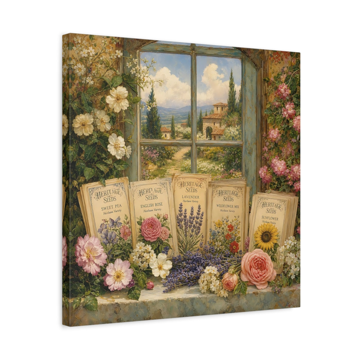 Side Mockup 5. Nature Floral Window Vintage Floral shown as stretched canvas wall art