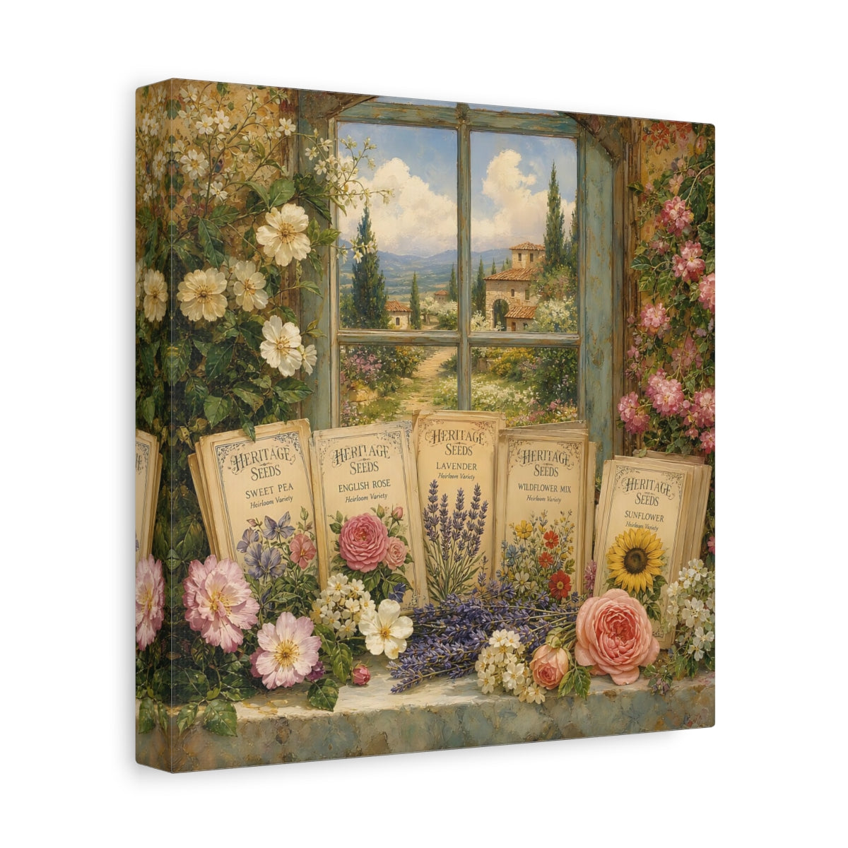 Side Mockup 9. Nature Floral Window Vintage Floral shown as stretched canvas wall art