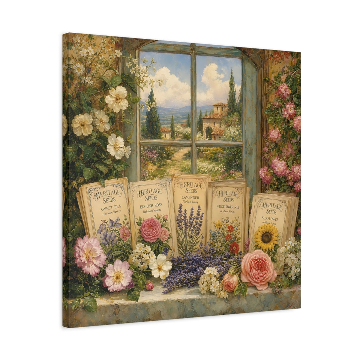 Side Mockup 4. Nature Floral Window Vintage Floral shown as stretched canvas wall art