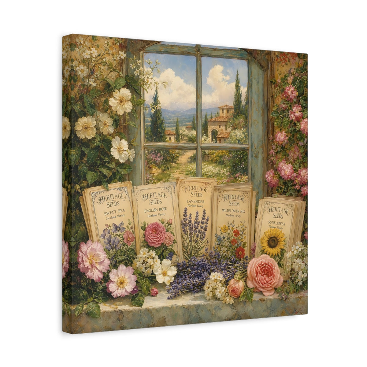 Side Mockup 6. Nature Floral Window Vintage Floral shown as stretched canvas wall art
