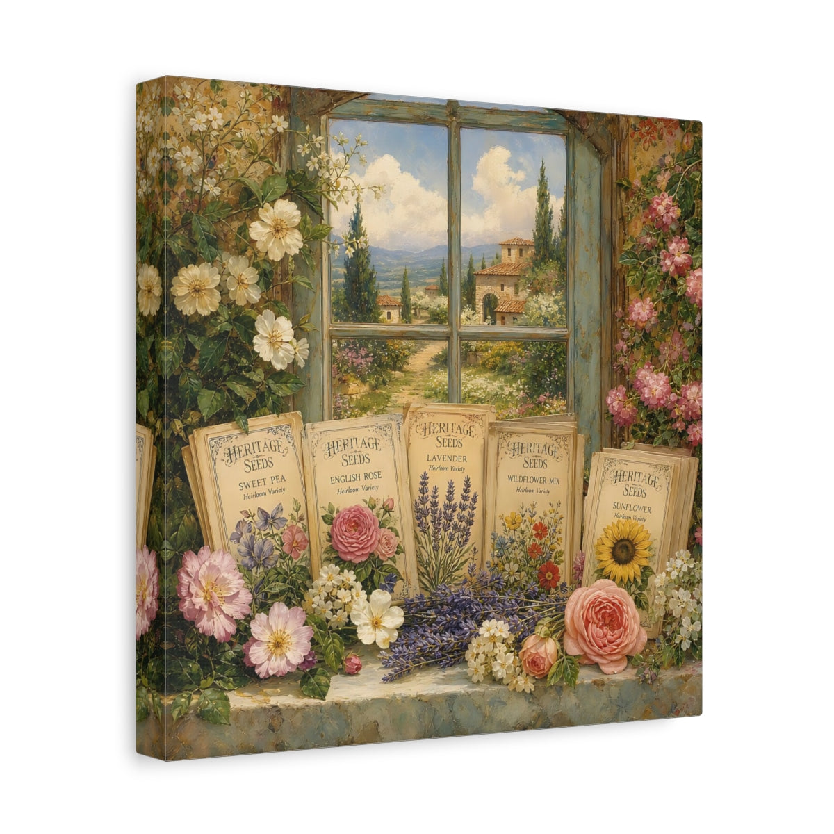 Side Mockup 8. Nature Floral Window Vintage Floral shown as stretched canvas wall art