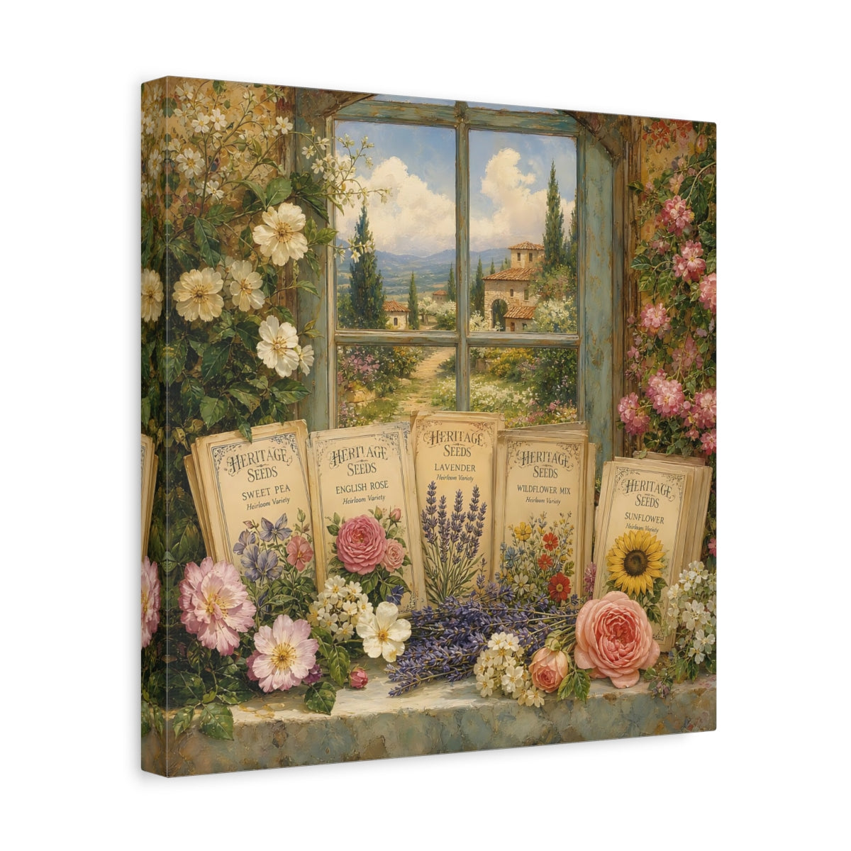 Side Mockup 7. Nature Floral Window Vintage Floral shown as stretched canvas wall art