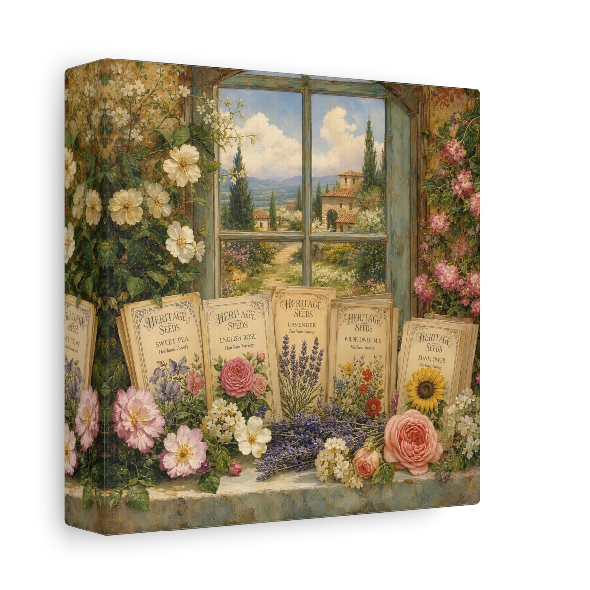 Side Mockup 2. Nature Floral Window Vintage Floral shown as stretched canvas wall art